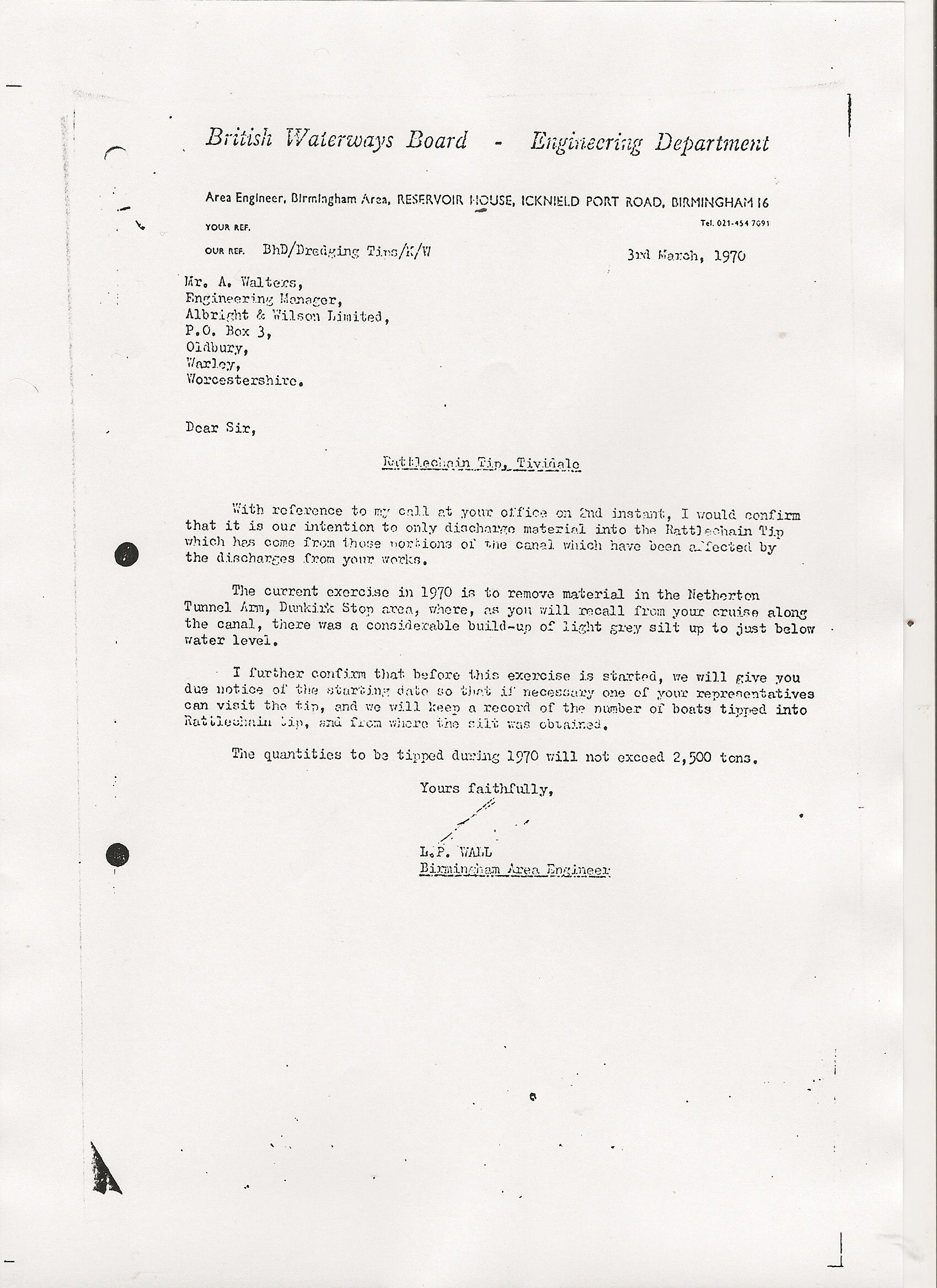 British waterways confirming pollution caused by Albright and Wilson's waste materials in Birtmingham canal.